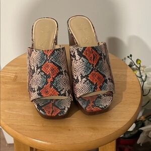 Jessica Simpson Orange & Teal Snake-Print Slide Mules